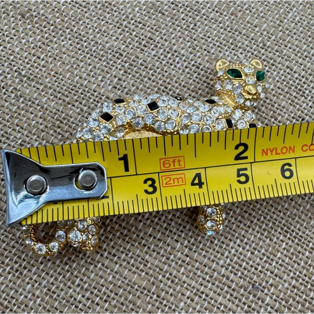 Vintage Rhinestone‎ Leopard Panther Brooch Gold Tone Pave Crystal Big Cat Pin